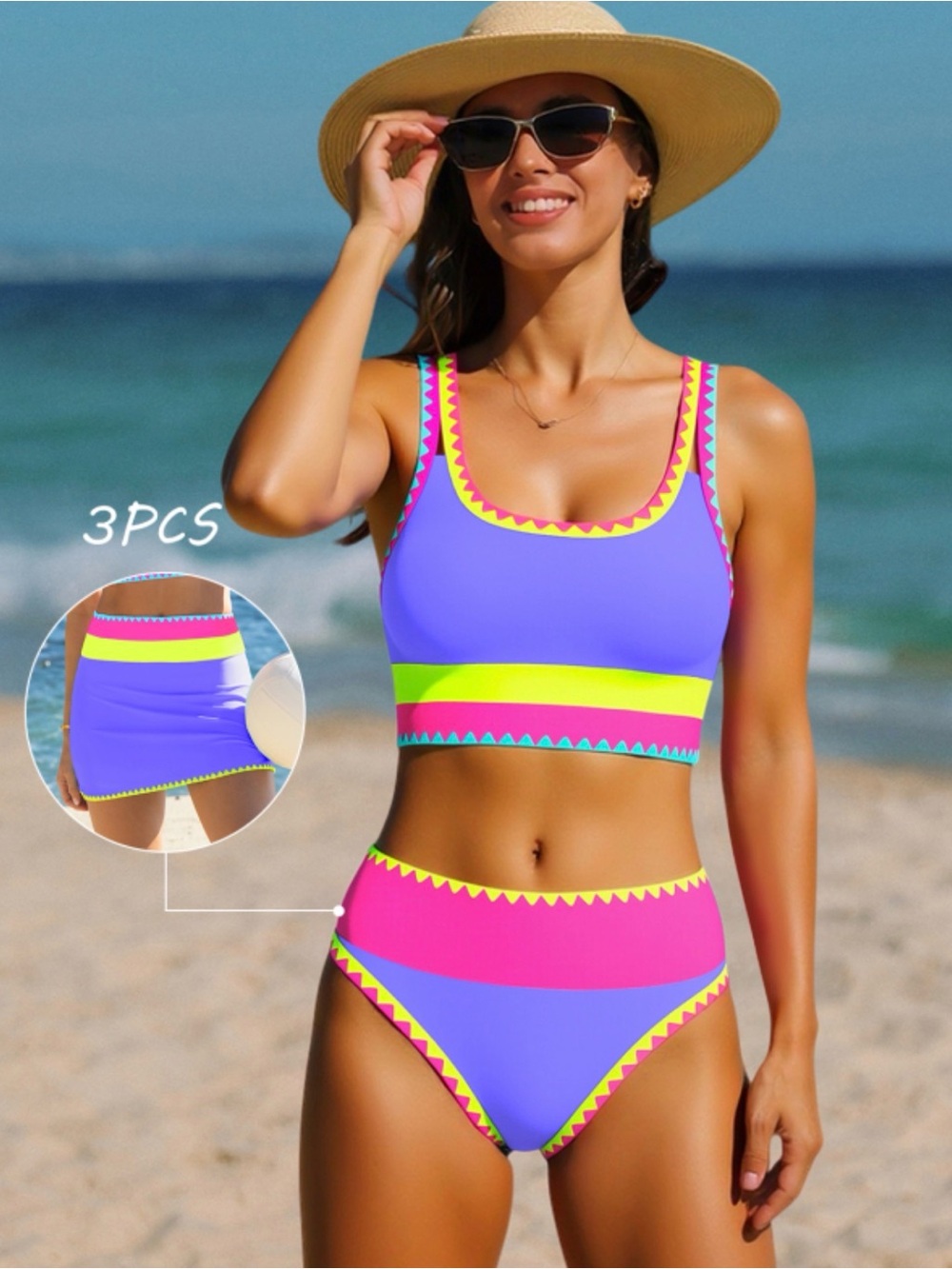 Purple, Pink & Yellow Women’s Three-Piece Bikini Set